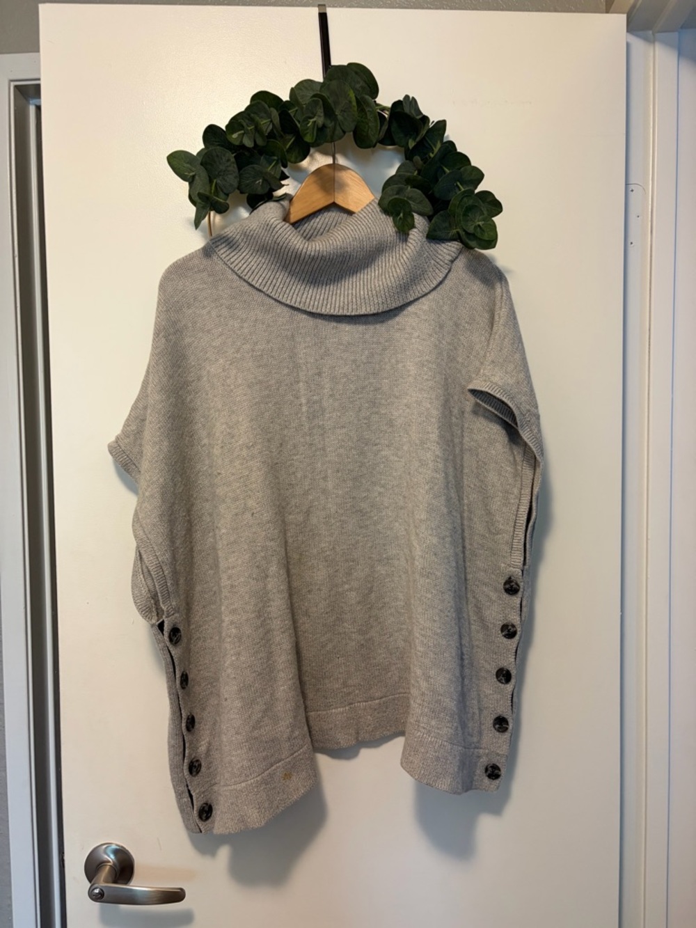 Boden Light Gray Wool Cotton Blend Button-Side Turtleneck Poncho Sweater